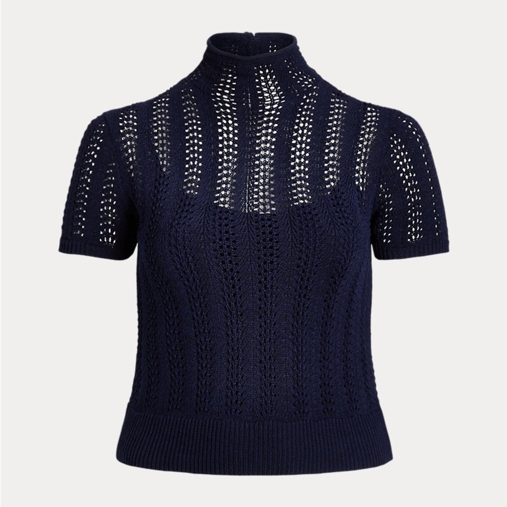 Lauren Ralph Lauren pointelle short-sleeve turtleneck sweater French navy M NWT